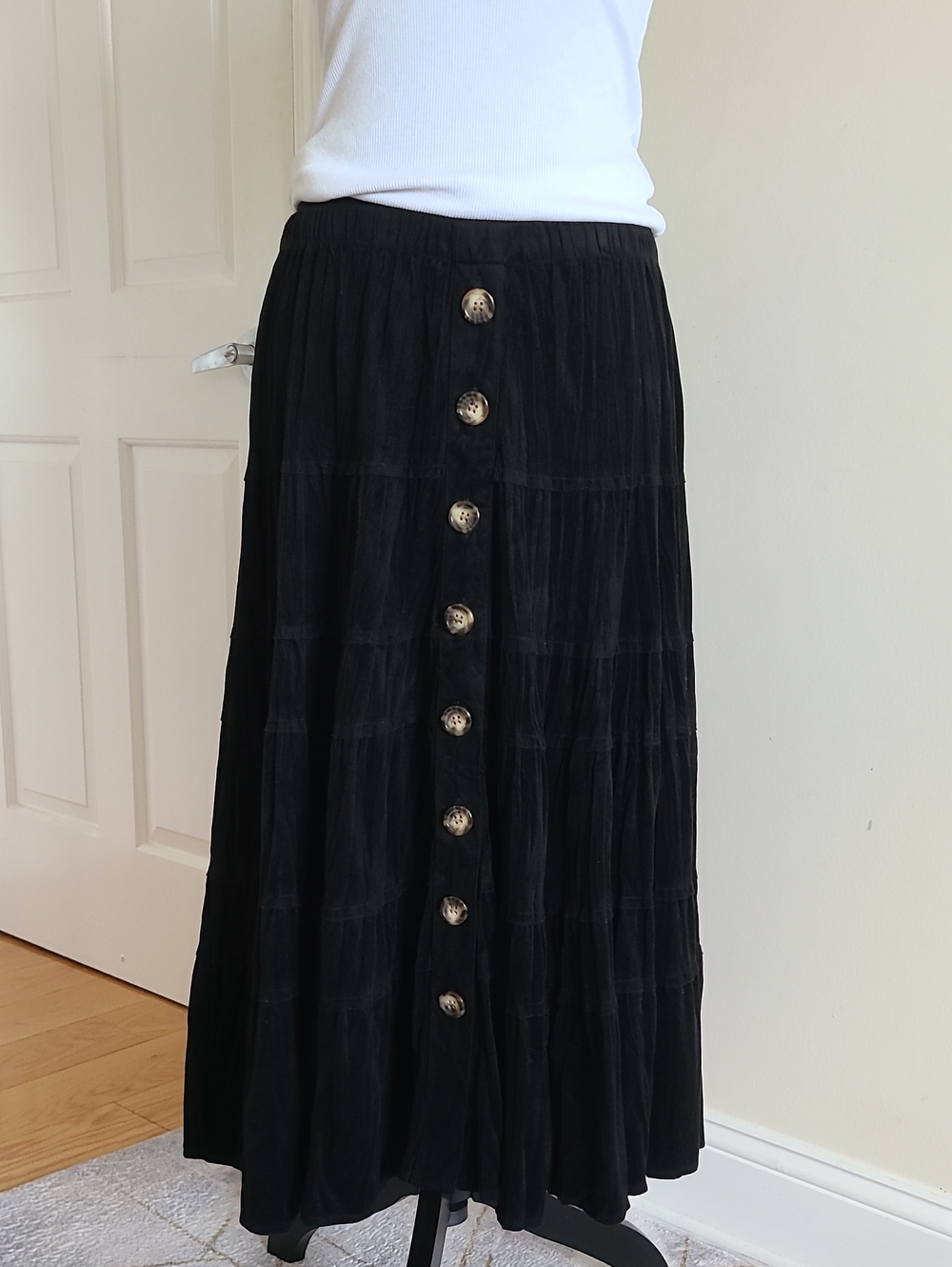 Coldwater Creek Black Velour Tiered Button Front Midi Skirt PM Witchy Gothic